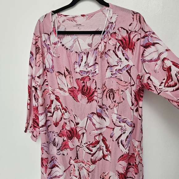 Calida Tulip Floral Pink 3/4 Sleeve Dress Sz M Coastal Midi Free Flow Dress - Picture 6 of 12